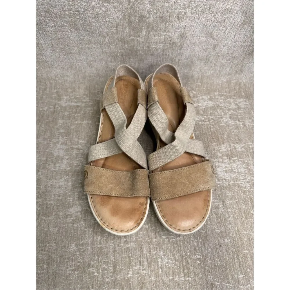 Born Women's Suede Leather Strappy Platform Wedge Slingback Sandals Tan Size 9M